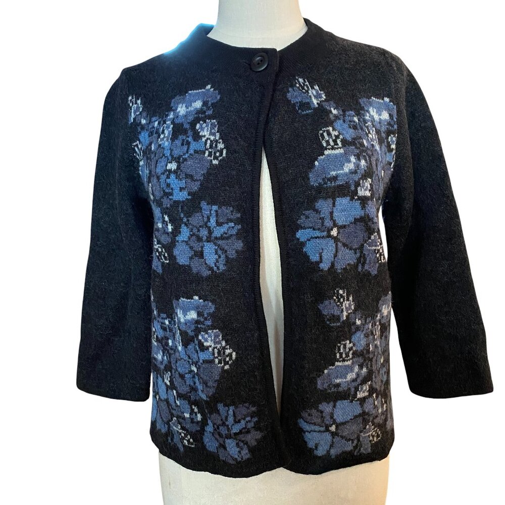 Vintage Croft & Barrow Wool Floral Jacquard Cardigan Sweater Blue Sz M